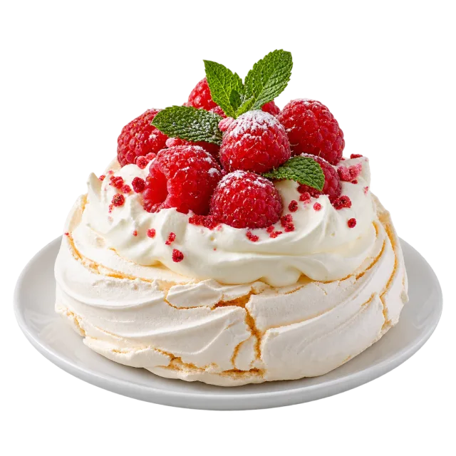 White pavlova topped with cream, raspberries and a small mint sprig
