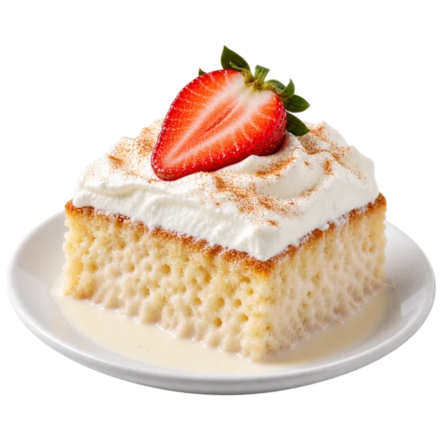 Square tres leches cake portion topped with cream and a strawberry half
