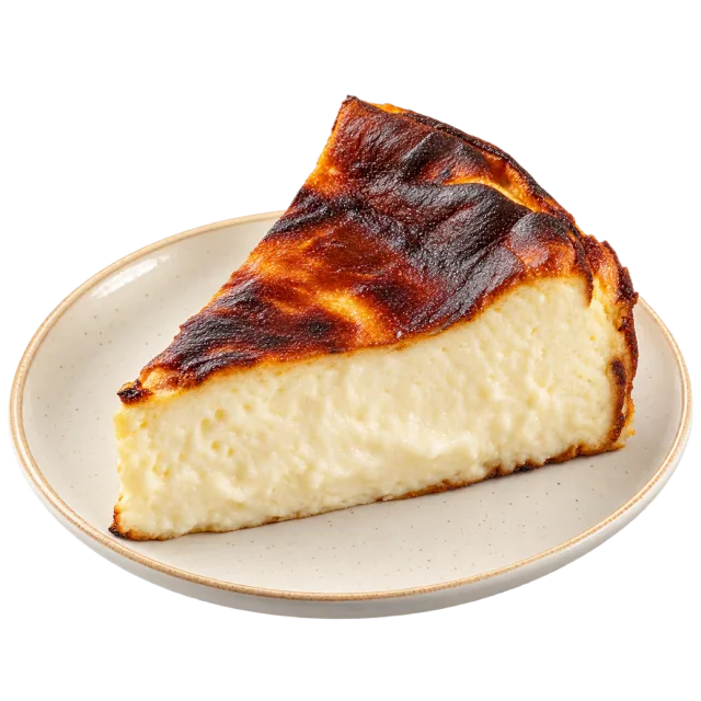 Basque cheesecake slice with a dark browned top and pale interior