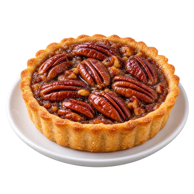 Round pecan tart with glossy nuts arranged inside a golden pastry crust