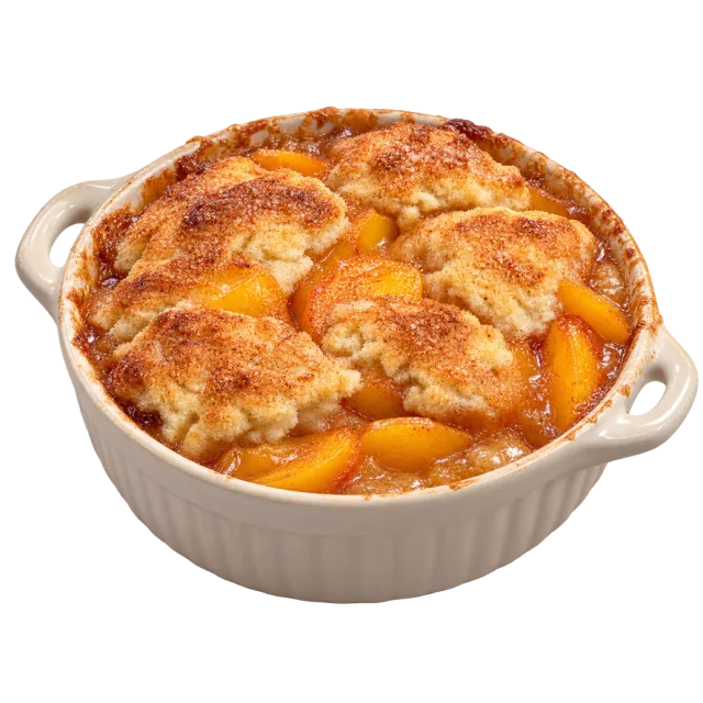 Peach cobbler in a white baking dish with golden topping and visible peach slices