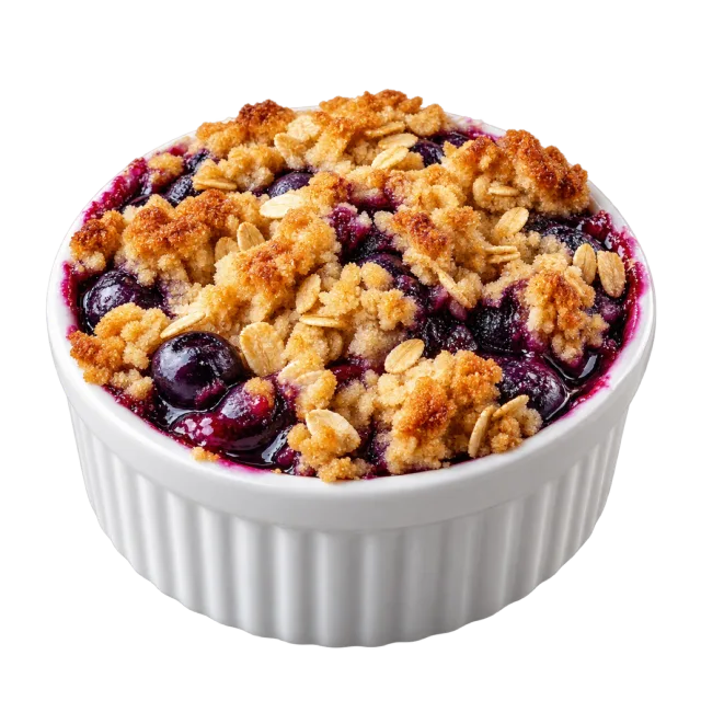 Blueberry crumble in a white ramekin with golden crumbs over dark berries