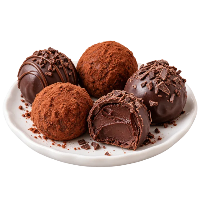 Assorted chocolate truffles with cocoa, chocolate shavings and drizzled coatings on a small plate