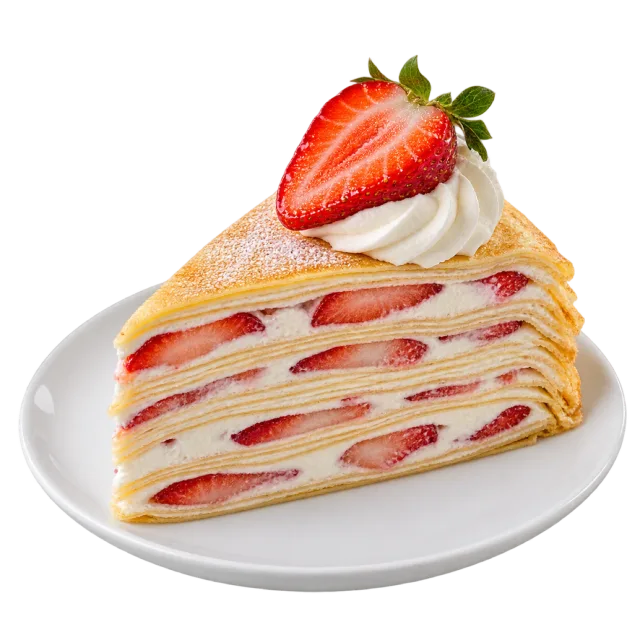 Strawberry mille-crepe slice with thin layers, cream and strawberry pieces
