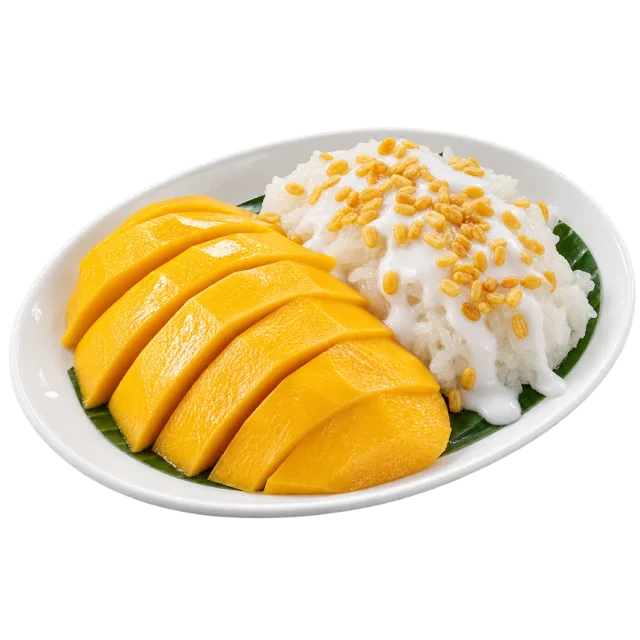 Sliced yellow mango beside white sticky rice with a creamy topping on a plate