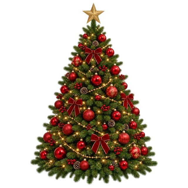 A green Christmas tree covered in red and gold ornaments beneath a gold star