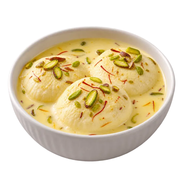 Rasmalai pieces in pale yellow sauce topped with sliced nuts and thin red strands