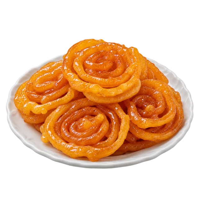 Glossy orange jalebi spirals piled on a small white plate
