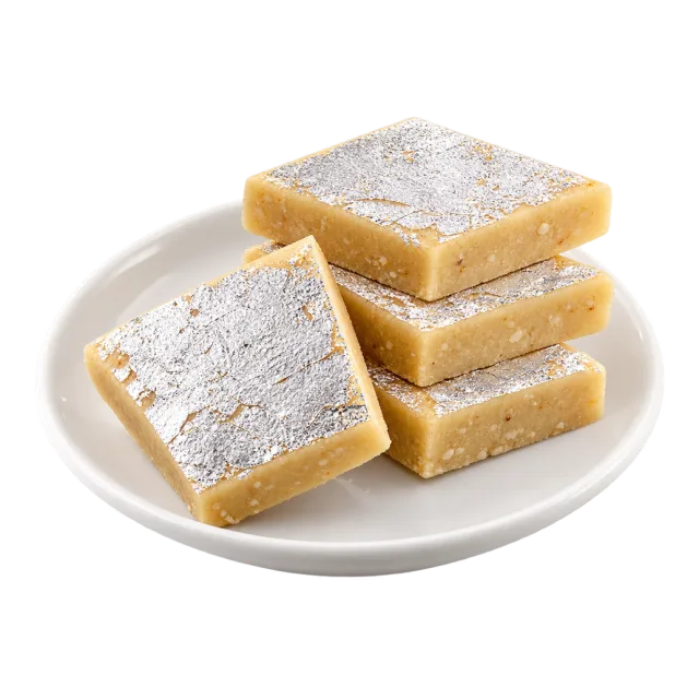 Stacked pale kaju katli pieces with a silver-colored surface coating
