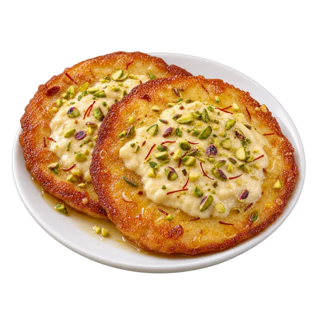 Two golden malpua with creamy topping and chopped nuts on a white plate