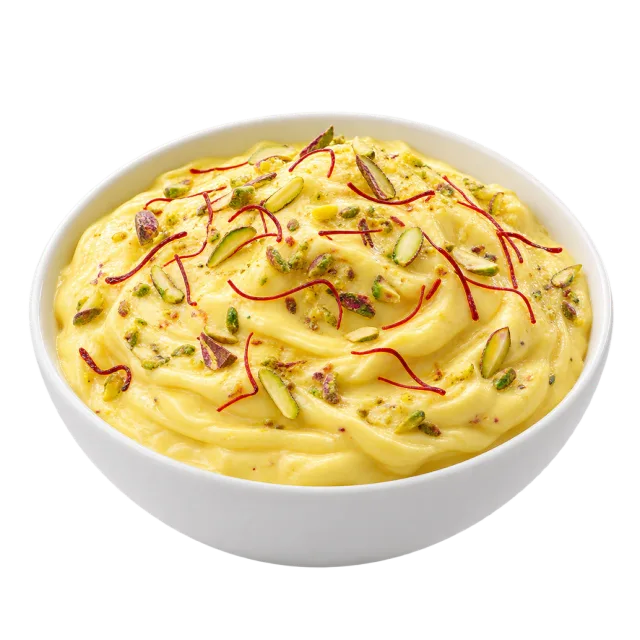 Thick pale yellow shrikhand in a bowl with sliced nuts and thin red garnish strands