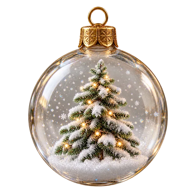 A clear round hanging ornament containing a miniature snow-covered Christmas tree