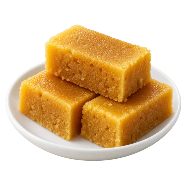 Three golden Mysore pak blocks stacked on a white plate