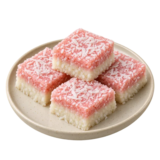 Pink and white coconut barfi squares with a shredded topping