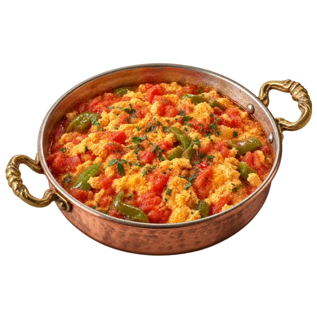 Menemen in a copper-colored pan with soft eggs, red pieces and green garnish