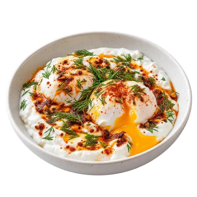 Cilbir with poached eggs over a white base, red oil and green herbs