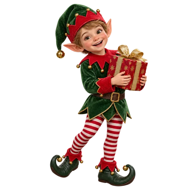 A smiling green-clad elf holding a red gift box with a gold ribbon