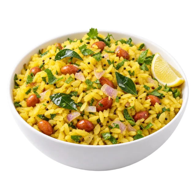 Yellow poha in a bowl with peanuts, vegetables, green garnish and a lemon wedge