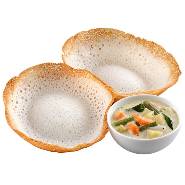 Two bowl-shaped appam beside a small serving of creamy vegetable stew