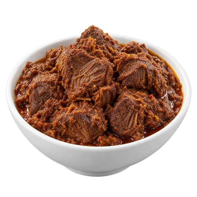 Beef rendang with dark brown meat pieces coated in thick textured sauce