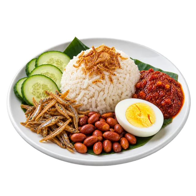Nasi lemak platter with a rice mound, cucumber, egg, peanuts and red sauce