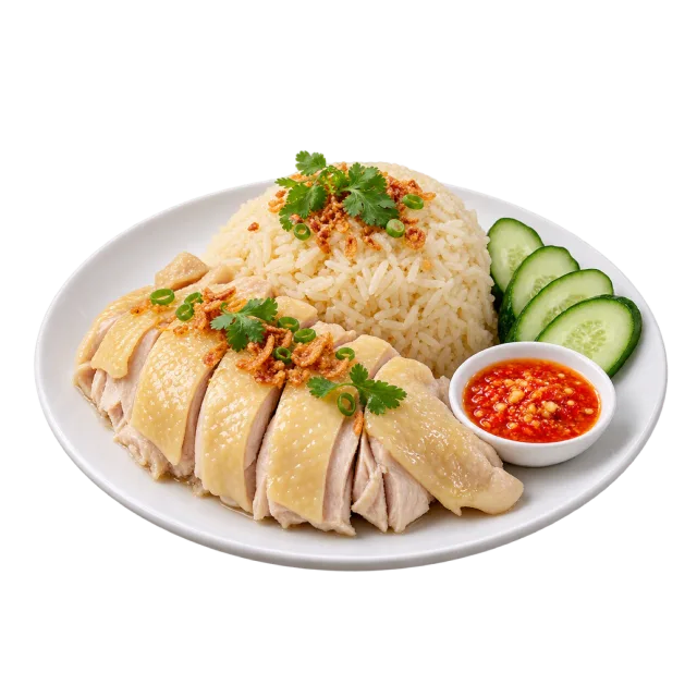 Hainanese chicken rice with sliced chicken, cucumber and a small bowl of red sauce