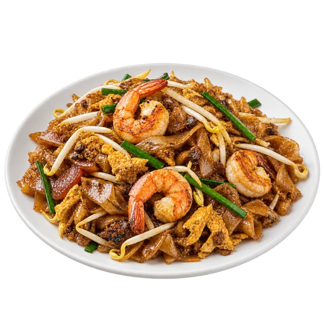 Char kway teow with flat noodles, prawns, sprouts and green vegetables