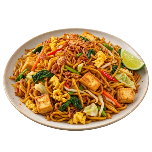 Mee goreng with stir-fried noodles, vegetables, golden cubes and a lime wedge