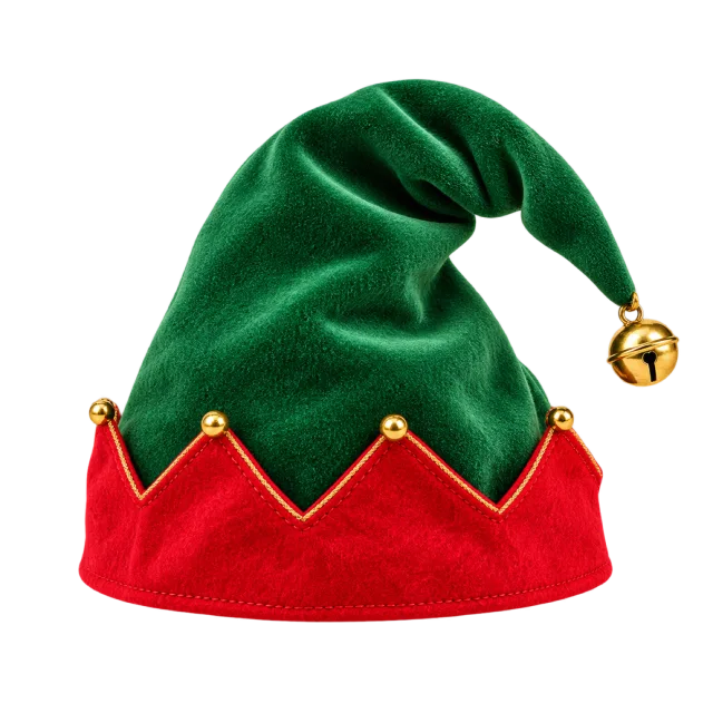 A pointed green velvet hat with red trim and a hanging gold bell