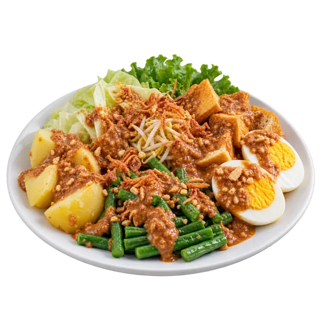 Gado-gado platter with vegetables, egg halves, sprouts and brown sauce