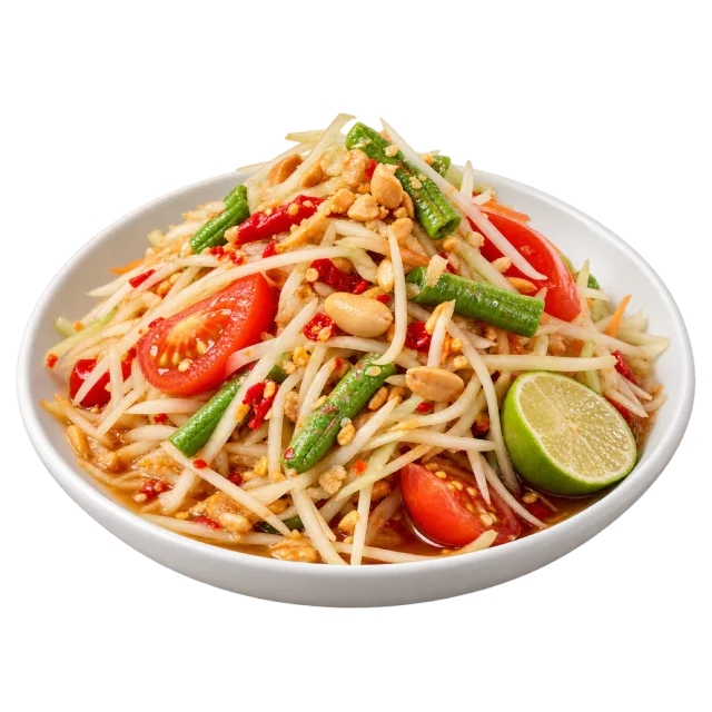 Som tam with shredded pale vegetables, tomato, green beans, peanuts and lime