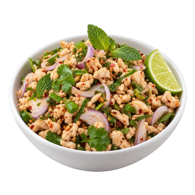 Chicken larb with minced chicken, sliced red onion, mint leaves and lime