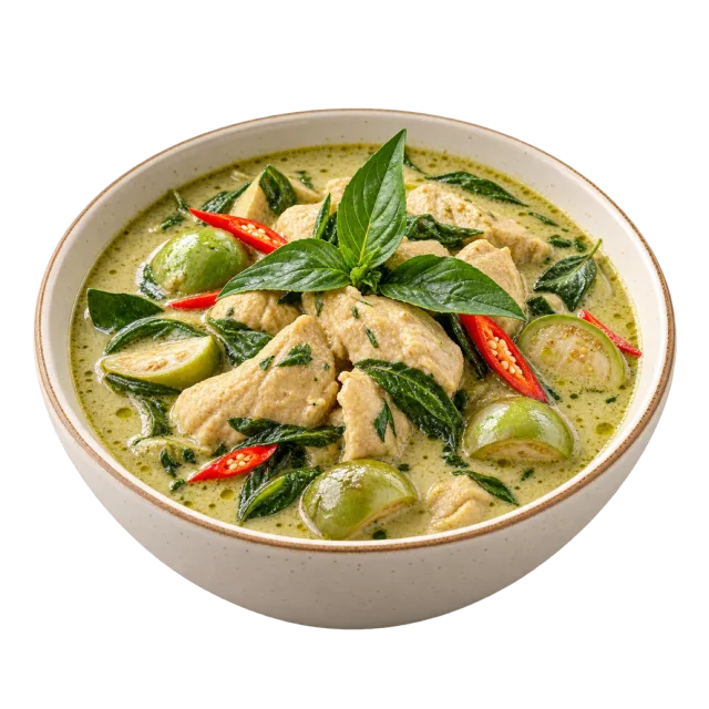 Green chicken curry with pale chicken pieces, red chilies and leafy garnish
