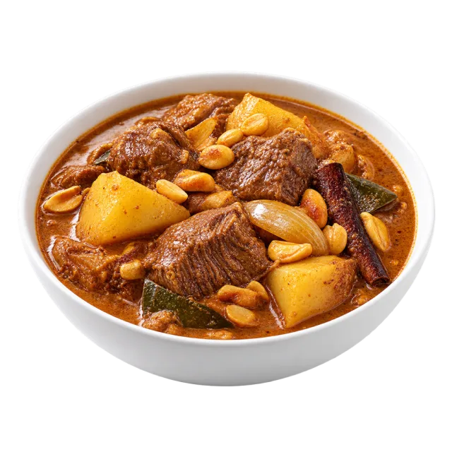 Massaman curry with dark meat chunks, potato pieces and peanuts in brown sauce