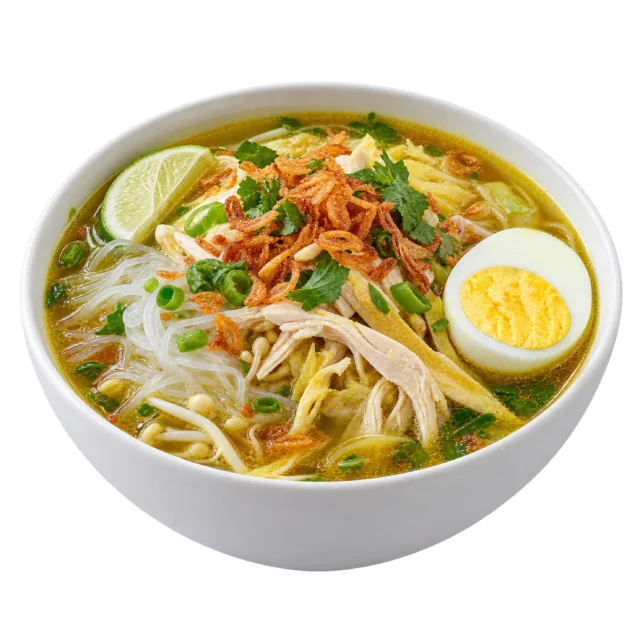 Soto ayam with shredded chicken, noodles, sprouts, an egg half and lime