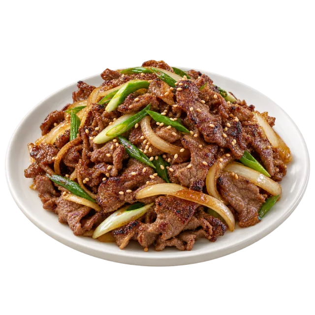Bulgogi with browned beef strips, onion, green vegetables and sesame seeds