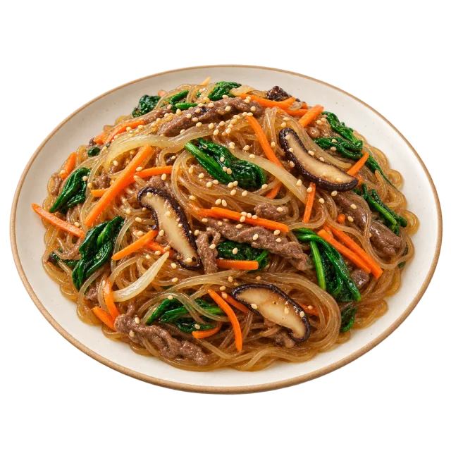 Japchae with glossy noodles, carrot strips, greens and sesame seeds