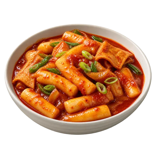 Tteokbokki with cylindrical rice cakes in red sauce topped with green onion
