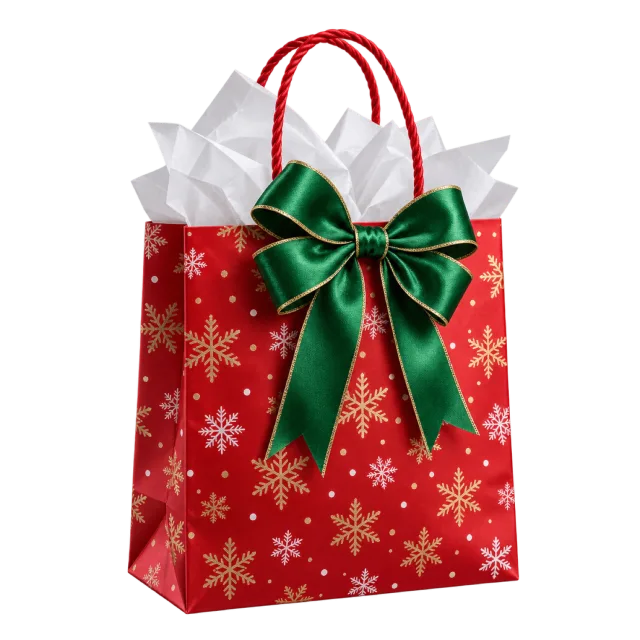 A red snowflake-patterned gift bag with white tissue paper and a green bow