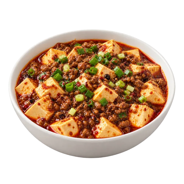Mapo tofu with pale tofu cubes, dark crumbles, red sauce and green garnish
