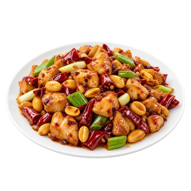 Kung pao chicken with browned chicken pieces, peanuts, dried chilies and green onion