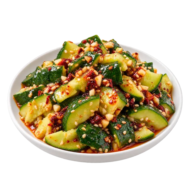 Smashed cucumber pieces dressed with red chili flecks, pale chopped garnish and herbs