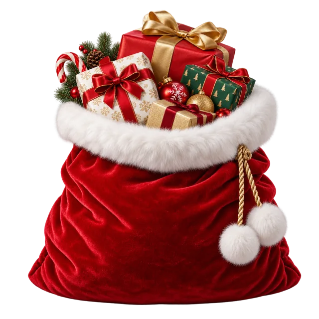 An open red velvet sack filled with wrapped gifts and candy canes