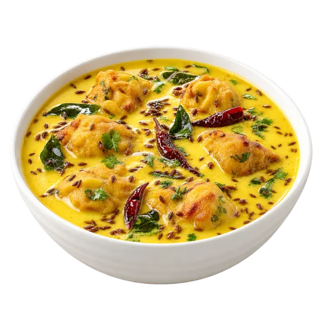 Yellow kadhi pakora with fritters, red chilies and green garnish in a white bowl