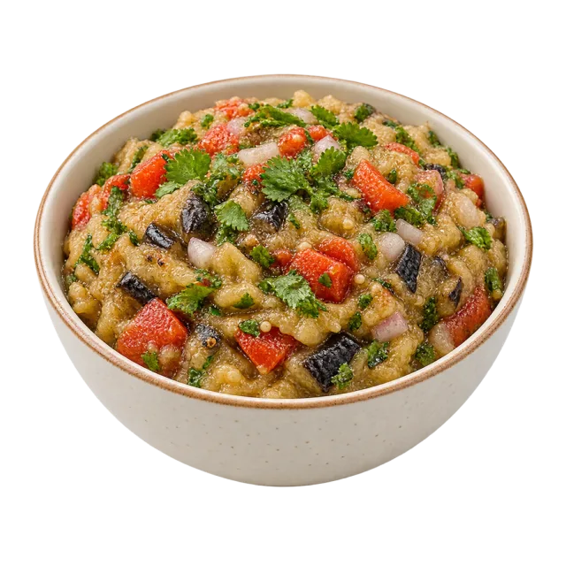 Baingan bharta with soft chopped vegetables, tomato pieces and green herbs