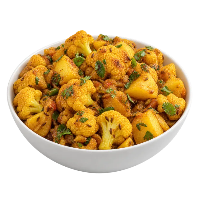 Golden aloo gobi with potato chunks, cauliflower florets and chopped green herbs