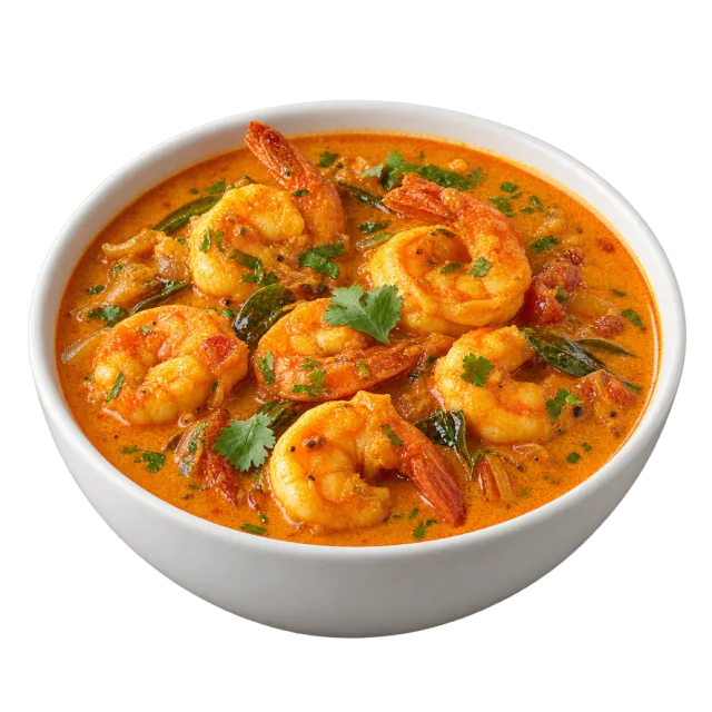 Goan prawn curry with orange sauce, curled prawns and green garnish