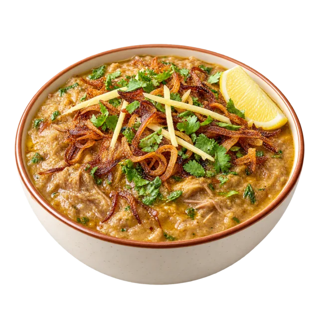 Hyderabadi haleem topped with browned onions, thin ginger strips, herbs and lemon