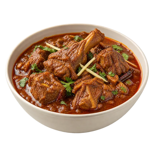 Lamb rogan josh with meat pieces in reddish-brown sauce and green garnish