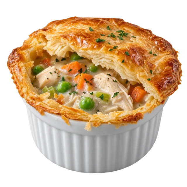 Chicken pot pie with a golden pastry lid opened to reveal creamy filling and vegetables